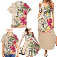 Hawaiian Tropical Flowers and Tribal Turtles Family Matching Summer Maxi Dress and Hawaiian Shirt Polynesian Art Motifs Beige Color - Polynesian Pride