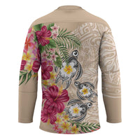 Hawaiian Tropical Flowers and Tribal Turtles Hockey Jersey Polynesian Art Motifs Beige Color - Polynesian Pride