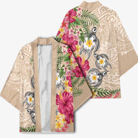 Hawaiian Tropical Flowers and Tribal Turtles Kimono Polynesian Art Motifs Beige Color LT03 - Polynesian Pride