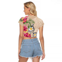 Hawaiian Tropical Flowers and Tribal Turtles Raglan Cropped T Shirt Polynesian Art Motifs Beige Color - Polynesian Pride