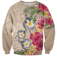 Hawaiian Tropical Flowers and Tribal Turtles Sweatshirt Polynesian Art Motifs Beige Color LT03 Unisex Beige - Polynesian Pride