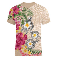 Hawaiian Tropical Flowers and Tribal Turtles Women V-Neck T-Shirt Polynesian Art Motifs Beige Color - Polynesian Pride