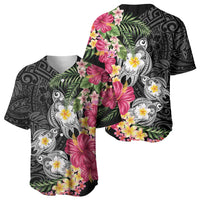 Hawaiian Tropical Flowers and Tribal Turtles Baseball Jersey Polynesian Art Motifs Black Color - Polynesian Pride