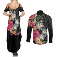 Hawaiian Tropical Flowers and Tribal Turtles Couples Matching Summer Maxi Dress and Long Sleeve Button Shirt Polynesian Art Motifs Black Color - Polynesian Pride