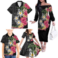 Hawaiian Tropical Flowers and Tribal Turtles Family Matching Off The Shoulder Long Sleeve Dress and Hawaiian Shirt Polynesian Art Motifs Black Color - Polynesian Pride