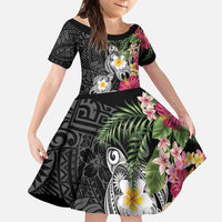 Hawaiian Tropical Flowers and Tribal Turtles Family Matching Off Shoulder Maxi Dress and Hawaiian Shirt Polynesian Art Motifs Black Color - Polynesian Pride