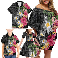 Hawaiian Tropical Flowers and Tribal Turtles Family Matching Off Shoulder Short Dress and Hawaiian Shirt Polynesian Art Motifs Black Color - Polynesian Pride
