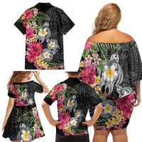 Hawaiian Tropical Flowers and Tribal Turtles Family Matching Off Shoulder Short Dress and Hawaiian Shirt Polynesian Art Motifs Black Color - Polynesian Pride