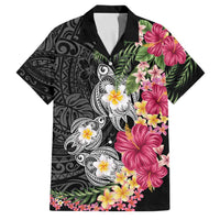 Hawaiian Tropical Flowers and Tribal Turtles Family Matching Off Shoulder Short Dress and Hawaiian Shirt Polynesian Art Motifs Black Color - Polynesian Pride
