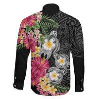 Hawaiian Tropical Flowers and Tribal Turtles Family Matching Summer Maxi Dress and Hawaiian Shirt Polynesian Art Motifs Black Color - Polynesian Pride