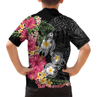 Hawaiian Tropical Flowers and Tribal Turtles Hawaiian Shirt Polynesian Art Motifs Black Color LT03 - Polynesian Pride