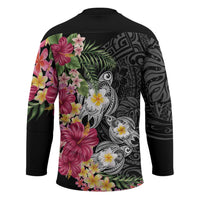 Hawaiian Tropical Flowers and Tribal Turtles Hockey Jersey Polynesian Art Motifs Black Color - Polynesian Pride
