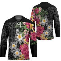 Hawaiian Tropical Flowers and Tribal Turtles Hockey Jersey Polynesian Art Motifs Black Color - Polynesian Pride