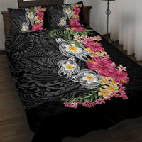 Hawaiian Tropical Flowers and Tribal Turtles Quilt Bed Set Polynesian Art Motifs Black Color LT03 Black - Polynesian Pride
