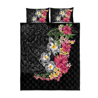 Hawaiian Tropical Flowers and Tribal Turtles Quilt Bed Set Polynesian Art Motifs Black Color LT03 - Polynesian Pride