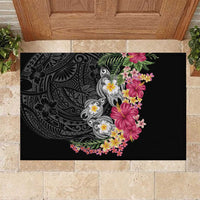 Hawaiian Tropical Flowers and Tribal Turtles Rubber Doormat Polynesian Art Motifs Black Color LT03 Black - Polynesian Pride