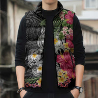 Hawaiian Tropical Flowers and Tribal Turtles Sleeveless Puffer Jacket Polynesian Art Motifs Black Color LT03 - Polynesian Pride