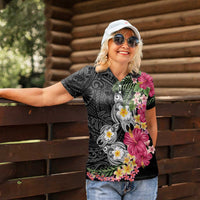 Hawaiian Tropical Flowers and Tribal Turtles Women Polo Shirt Polynesian Art Motifs Black Color LT03 - Polynesian Pride