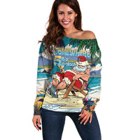 Mele Kalikimaka Hawaii It's 5 o'clock Somewhere Off Shoulder Sweater Funny Lazy Santa Claus Chilling with Cocktail LT03 Women Multicolor - Polynesian Pride