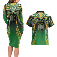 Custom Cook Islands Rugby League Couples Matching Long Sleeve Bodycon Dress and Hawaiian Shirt Avaiki Tatau Tribal Motifs Black Color - Polynesian Pride