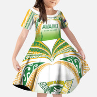 Custom Cook Islands Rugby League Family Matching Tank Maxi Dress and Hawaiian Shirt Avaiki Tatau Tribal Motifs White Color LT03 Daughter's Dress White - Polynesian Pride