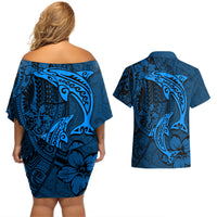 Polynesian Dolphin Valentine Day Couples Matching Off Shoulder Short Dress and Hawaiian Shirt Hibiscus and Tribal Tattoo Blue Style LT03 - Polynesian Pride