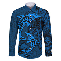Polynesian Dolphin Valentine Day Family Matching Off Shoulder Maxi Dress and Hawaiian Shirt Hibiscus and Tribal Tattoo Blue Style LT03 Dad's Shirt - Long Sleeve Blue - Polynesian Pride