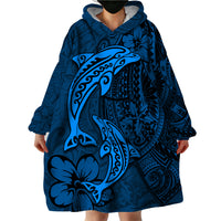 Polynesian Dolphin Valentine Day Wearable Blanket Hoodie Hibiscus and Tribal Tattoo Blue Style LT03 - Polynesian Pride