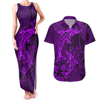 Polynesian Dolphin Valentine Day Couples Matching Tank Maxi Dress and Hawaiian Shirt Hibiscus and Tribal Tattoo Purple Style LT03 Purple - Polynesian Pride