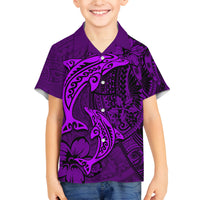Polynesian Dolphin Valentine Day Family Matching Long Sleeve Bodycon Dress and Hawaiian Shirt Hibiscus and Tribal Tattoo Purple Style LT03 Son's Shirt Purple - Polynesian Pride