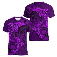 Polynesian Dolphin Valentine Day Women V Neck T Shirt Hibiscus and Tribal Tattoo Purple Style LT03 - Polynesian Pride