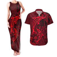 Polynesian Dolphin Valentine Day Couples Matching Tank Maxi Dress and Hawaiian Shirt Hibiscus and Tribal Tattoo Red Style LT03 Red - Polynesian Pride