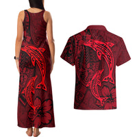 Polynesian Dolphin Valentine Day Couples Matching Tank Maxi Dress and Hawaiian Shirt Hibiscus and Tribal Tattoo Red Style LT03 - Polynesian Pride