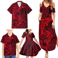 Polynesian Dolphin Valentine Day Family Matching Summer Maxi Dress and Hawaiian Shirt Hibiscus and Tribal Tattoo Red Style LT03 - Polynesian Pride