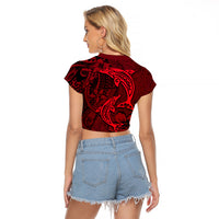 Polynesian Dolphin Valentine Day Raglan Cropped T Shirt Hibiscus and Tribal Tattoo Red Style LT03 - Polynesian Pride