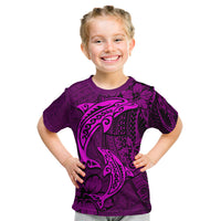 Polynesian Dolphin Valentine Day Kid T Shirt Hibiscus and Tribal Tattoo Pink Style LT03 Pink - Polynesian Pride