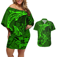 Polynesian Dolphin Valentine Day Couples Matching Off Shoulder Short Dress and Hawaiian Shirt Hibiscus and Tribal Tattoo Green Style LT03 Green - Polynesian Pride