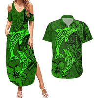 Polynesian Dolphin Valentine Day Couples Matching Summer Maxi Dress and Hawaiian Shirt Hibiscus and Tribal Tattoo Green Style LT03 Green - Polynesian Pride