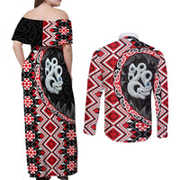 Red Taniko Motif Aotearoa Manaia and Silver Fern Couples Matching Off Shoulder Maxi Dress and Long Sleeve Button Shirt