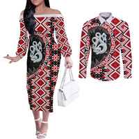 Red Taniko Motif Aotearoa Manaia and Silver Fern Couples Matching Off The Shoulder Long Sleeve Dress and Long Sleeve Button Shirt