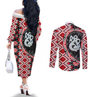 Red Taniko Motif Aotearoa Manaia and Silver Fern Couples Matching Off The Shoulder Long Sleeve Dress and Long Sleeve Button Shirt