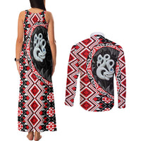 Red Taniko Motif Aotearoa Manaia and Silver Fern Couples Matching Tank Maxi Dress and Long Sleeve Button Shirt