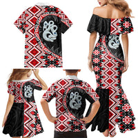 Red Taniko Motif Aotearoa Manaia and Silver Fern Family Matching Mermaid Dress and Hawaiian Shirt