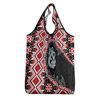 Red Taniko Motif Aotearoa Manaia and Silver Fern Grocery Bag