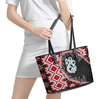 Red Taniko Motif Aotearoa Manaia and Silver Fern Leather Tote Bag