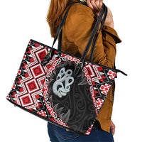 Red Taniko Motif Aotearoa Manaia and Silver Fern Leather Tote Bag