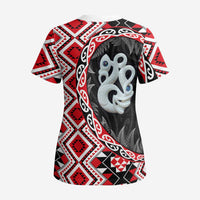 Red Taniko Motif Aotearoa Manaia and Silver Fern Scrub Top - Polynesian Pride