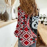 Red Taniko Motif Aotearoa Manaia and Silver Fern Women Casual Shirt