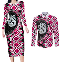 Pink Taniko Motif Aotearoa Manaia and Silver Fern Couples Matching Long Sleeve Bodycon Dress and Long Sleeve Button Shirt