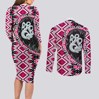 Pink Taniko Motif Aotearoa Manaia and Silver Fern Couples Matching Long Sleeve Bodycon Dress and Long Sleeve Button Shirt